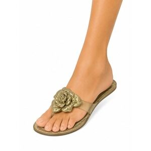 Stuart Weitzman Sandals Women Gold Jelly Thong Floral Rosette Rhinestone Flat